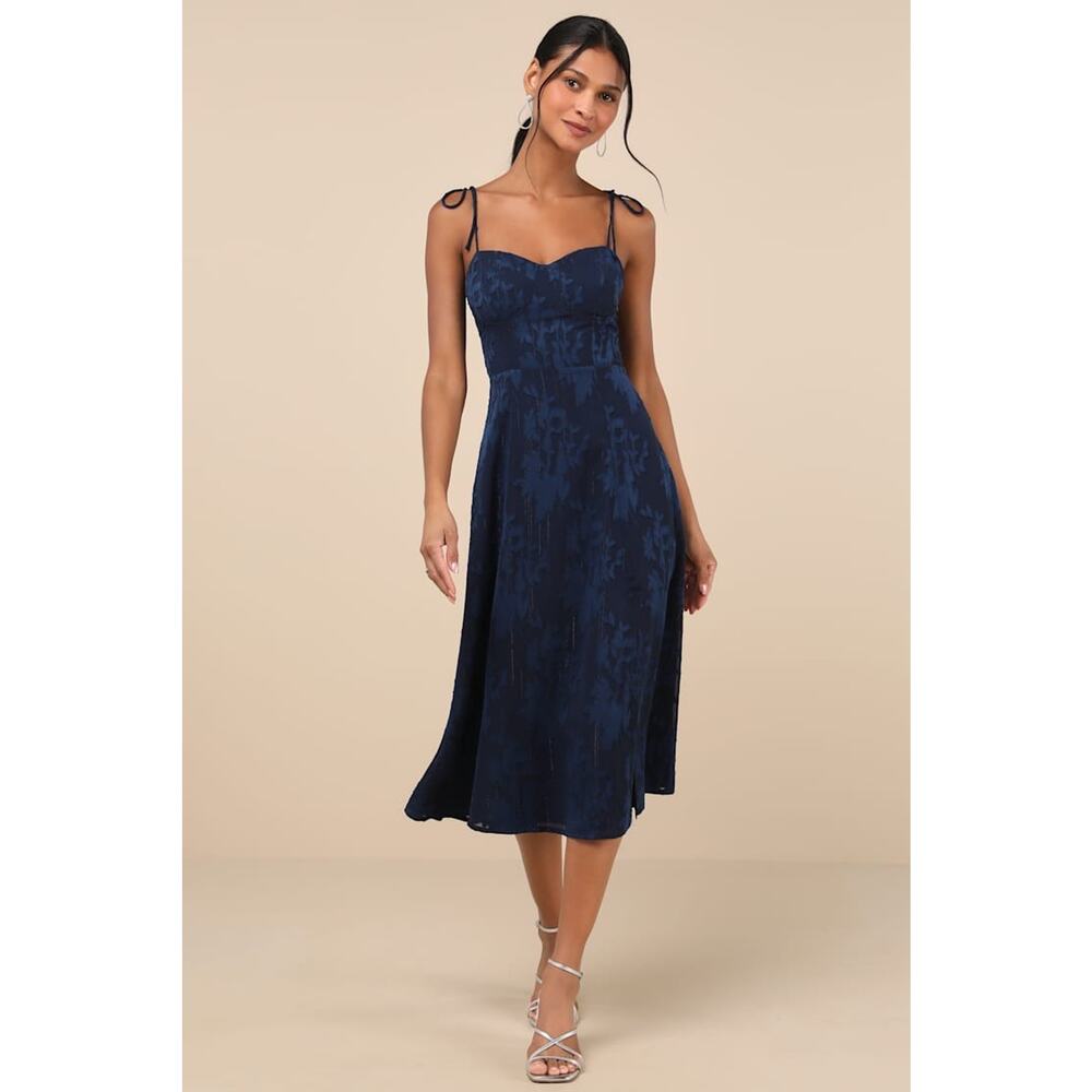 NWT Lulus Loveliest Looks Navy Blue Floral Jacquard Tie-Strap Midi Dress Sz XS
